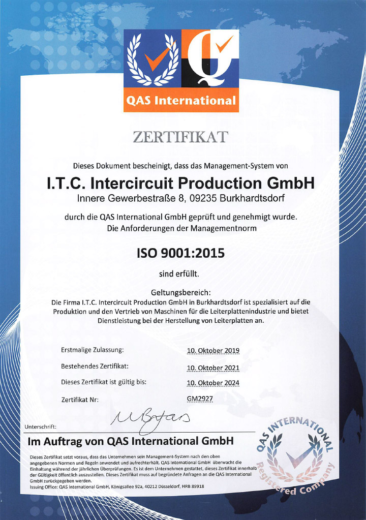 I.T.C. Intercircuit Production GmbH ISO 9001:2015 Zertifikat